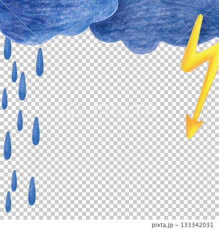 A square frame with a thunderstorm, painted with colored pencils. Pencil drawing on an isolated background. Dark clouds, lightning, and raindrops. A template with autumn weather and an empty place to 133342031