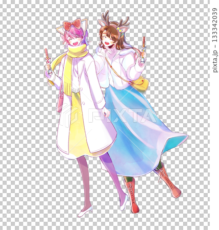 兩名女子在主題樂園遊玩，邊吃邊走，冬日時光 133342039