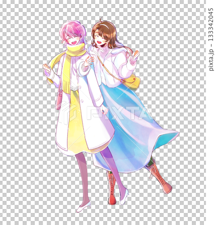 兩名女子出門，雙手交叉，冬日 133342045