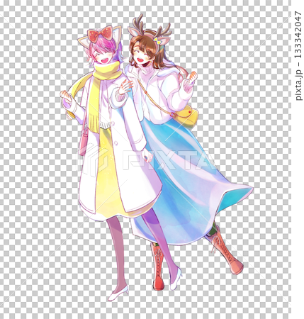 兩位女子在主題樂園玩耍，雙手交叉抱在胸前，冬日 133342047