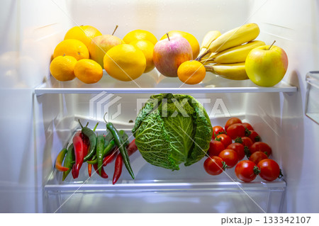 fruits and vegetables in the refrigerator. preservation of vitamin healthy food 133342107