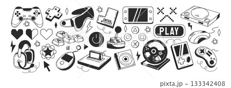 Hand drawn video game doodle set, arcade play elements, computer gaming sketch items Hand drawn video game doodle set, arcade play elements, computer gaming sketch items 133342408