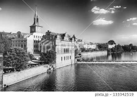 Vltava River flowing through Prague on sunny summer day 133342519