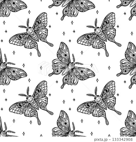 Mystical moth seamless pattern in black line art 133342908