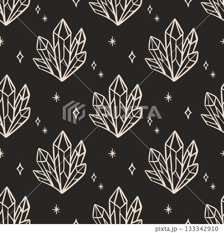 Mystical crystal seamless pattern in beige line art on black Mystical crystal seamless pattern in beige line art on black 133342910