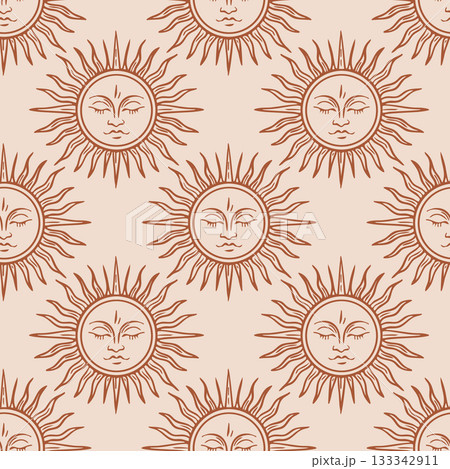 Boho seamless sun face pattern in terracotta line art Boho seamless sun face pattern in terracotta line art 133342911