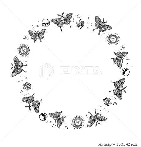 Mystical moth frame with celestial and boho esoteric symbols 133342912