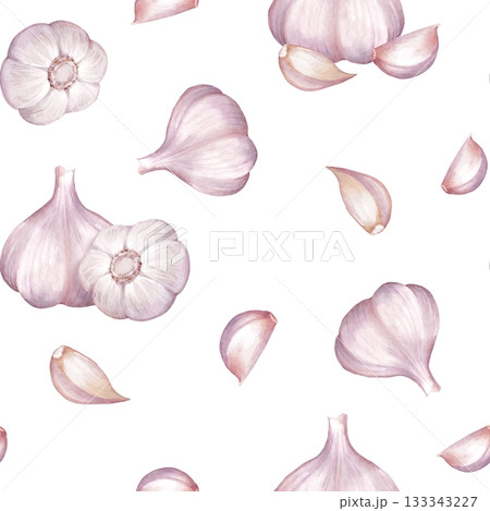 Seamless pattern featuring watercolor garlic bulbs, whole cloves, and individual slices scattered on white background Seamless pattern featuring watercolor garlic bulbs, whole cloves, and individual slices scattered on white background 133343227