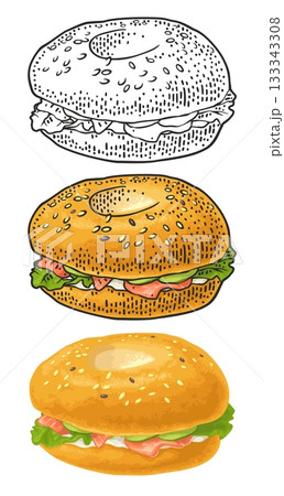 Bagel with salmon. Vector color hand drawn vintage engraving 133343308