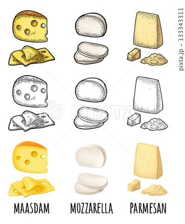 Pieces of cheese maasdam, mozzarella, parmesan. Vector vintage engraving Pieces of cheese maasdam, mozzarella, parmesan. Vector vintage engraving 133343311