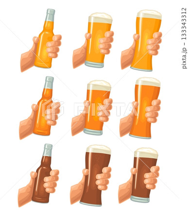 Male hand holding a glass with four types beer - light, white, red and dark Male hand holding a glass with four types beer - light, white, red and dark 133343312