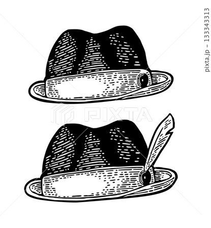 Hunter hat with feather. Vintage black engraving illustration. Isolated on white 133343313
