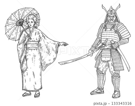 Woman in kimono with umbrella. Japanese samurai with sword. Vintage engraving 133343316