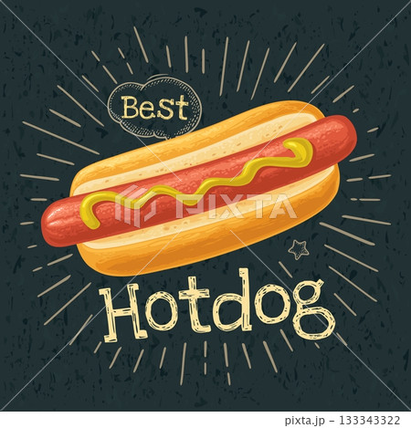 Hotdog with mustard. Vector flat illustration with engraving rays, lettering, bubble 133343322