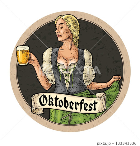 Young sexy Oktoberfest woman holding beer mug. Vintage vector engraving 133343336