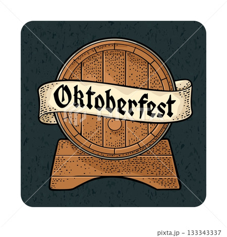 Wooden barrel engraving. Oktoberfest gothic lettering on ribbon. 133343337