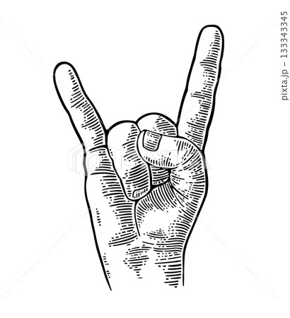 Rock and Roll hand sign. Vector vintage engraving illustration. Rock and Roll hand sign. Vector vintage engraving illustration. 133343345
