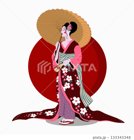 Woman in kimono with umbrella. Color vector flat cartoon illustration. Woman in kimono with umbrella. Color vector flat cartoon illustration. 133343348