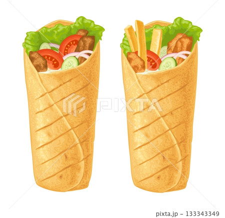 Mexican Burrito and arabic shawarma. Vector realistic color illustration Mexican Burrito and arabic shawarma. Vector realistic color illustration 133343349