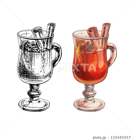 Mulled wine glass with ingredients. Vintage hatching vector illustration 133343357