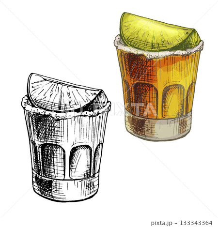 Glass tequila with slice lime. Vector vintage hatching 133343364