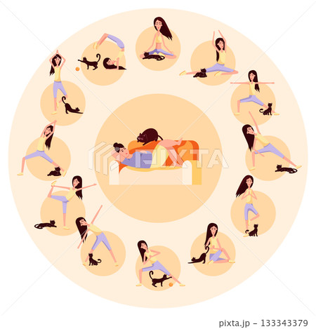Fat woman lying on sofa. Girs doing gymnastics. Concept for overweight. 133343379