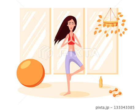 Woman stands in a pose of balance. Playing sports. Woman stands in a pose of balance. Playing sports. 133343385