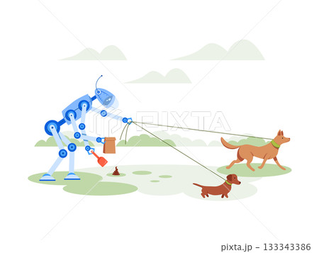 Robot walks the dogs and collects shit. Color cartoon illustration. Robot walks the dogs and collects shit. Color cartoon illustration. 133343386