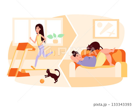 Slim woman running on treadmill. Fat woman with cat lying on sofa. Obesity. Healthy and unhealthy lifestyle. Sport vs fastfood. Vector flat color illustration. Concept for overweight 133343393