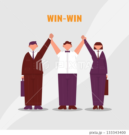 Referee raises two hands of businessmen and businesswoman. Win to Win. Color vector cartoon illustration. Referee raises two hands of businessmen and businesswoman. Win to Win. Color vector cartoon illustration. 133343400