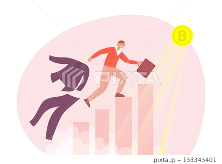 Man runs up the stairs to the gold bitcoin and changes clothes. Color vector cartoon illustration. 133343401