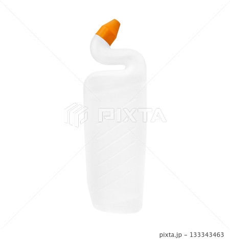 White toilet cleaner bottle with orange cap. Isolated on white background. 133343463