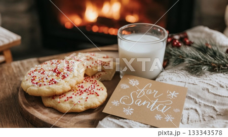 Festive sugar cookies with colorful sprinkles and glass of milk for Santa, placed near a cozy fireplace, creating a warm holiday atmosphere Festive sugar cookies with colorful sprinkles and glass of milk for Santa, placed near a cozy fireplace, creating a warm holiday atmosphere 133343578