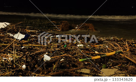 Nha Trang beach covered with storm debris during rainy season Nha Trang beach covered with storm debris during rainy season 133343620