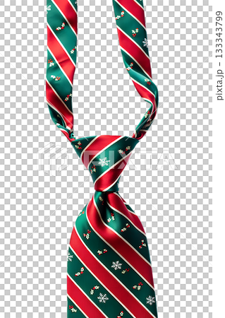 Festive red and green christmas necktie with pattern of holly leaves and snowflakes, ideal for holiday office parties and family gatherings 133343799