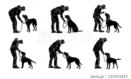 Black Solid Adjusting Gear Dog Walker Silhouettes Set of Six on White Background 133343835