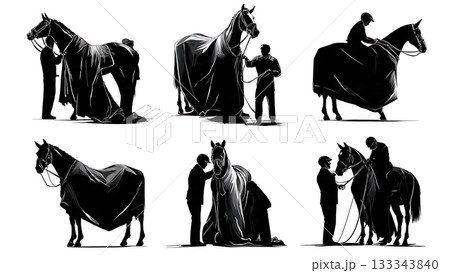 Black Solid Adjusting Horse Blanket Silhouettes Set of Six on White Background 133343840