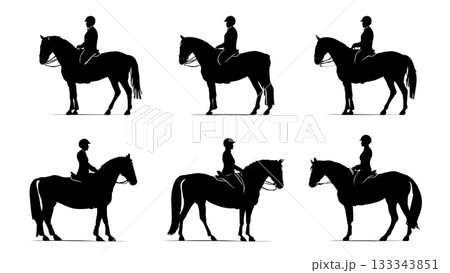 Black Solid Adjusting Saddle Position Horse Riding Silhouettes Set of Six on White Background 133343851