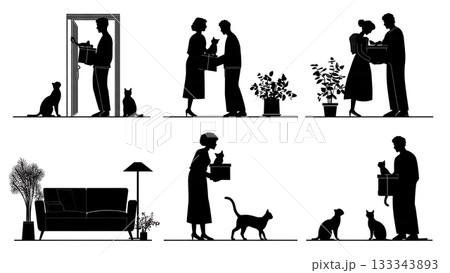 Black Solid Adopting New Cat Owner Silhouettes Set of Six on White Background Black Solid Adopting New Cat Owner Silhouettes Set of Six on White Background 133343893