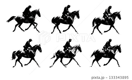 Black Solid Aids Off Canter Horse Riding Silhouettes Set of Six on White Background Black Solid Aids Off Canter Horse Riding Silhouettes Set of Six on White Background 133343895