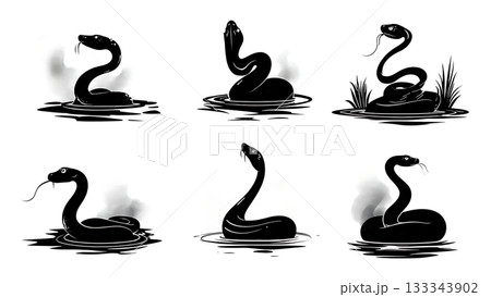 Black Solid Anaconda Submerging Slowly Murky Water Silhouettes Set of Six on White Background 133343902