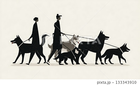 Black Solid Ancient Primitive Breed Dog Walker Silhouettes Set of Six on White Background Black Solid Ancient Primitive Breed Dog Walker Silhouettes Set of Six on White Background 133343910