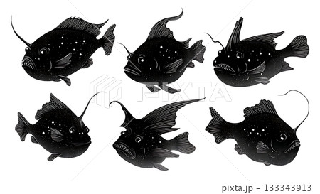 Black Solid Anglerfish Bioluminescent Lure Deep Sea Gloom Silhouettes Set of Six on White Background 133343913