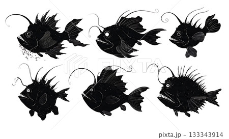 Black Solid Anglerfish Bioluminescent Lure Deep Sea Gloom Silhouettes Set of Six on White Background Black Solid Anglerfish Bioluminescent Lure Deep Sea Gloom Silhouettes Set of Six on White Background 133343914