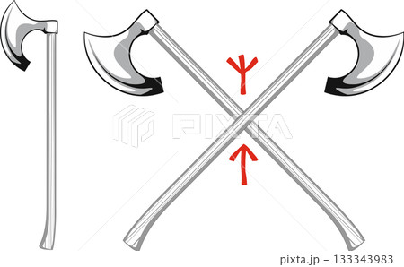 crossed Viking battle axes with Scandinavian runes Algiz  protection and Tiwaz - warrior 133343983