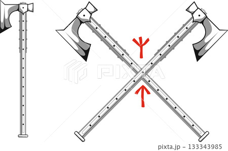 crossed Viking battle axes with Scandinavian runes Algiz  protection and Tiwaz - warrior 133343985
