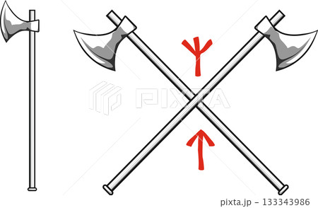 crossed Viking battle axes with Scandinavian runes Algiz  protection and Tiwaz - warrior 133343986
