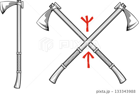 crossed Viking battle axes with Scandinavian runes Algiz - protection and Tiwaz warrior crossed Viking battle axes with Scandinavian runes Algiz - protection and Tiwaz warrior 133343988