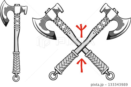 crossed Viking battle axes with Scandinavian runes Algiz protection and Tiwaz - warrior 133343989
