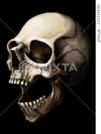 evil grinning human skull illustration black background 133344030